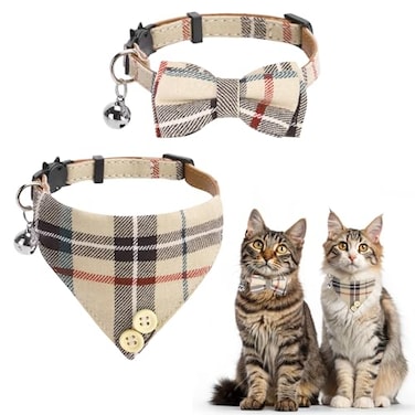 KOOLTAIL Cat Collar Breakaway with Bells and Bowtie 2 Pack Cute Leather Cat Bandana Collar Classic Plaid Design with Safety Buckle Adjustable Size for Small Kitten Boys GirlsBeige