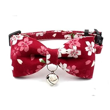 PETFAVORITES Breakaway Bowtie Cat Collar with Bell Flower Kitten Bow Tie Kitty Puppy Clothes Accessories Adjustable and HandmadeRed Sakura Size S