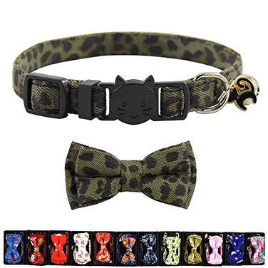 Pipidog Cat Collar Breakaway with Bell and Accessories Printing Kitten Collar Bowtie for Kitty 19 Colors Adjustable 7511inGreen Leopard