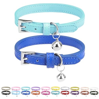 PUPTECK 2 PCS Soft Genuine Leather Cat Kitten Collar with Bells Adjustable for Girl Boy Cats Puppy Pale Turquoise Navy Blue