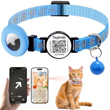 Taghelp QR Code AirTag Reflective Breakaway Cat Collar with Bell Smart Scan Pet ID Tag Apple AirTag Holder 04 Width Lightweight Safety Kitten Collar for Girl Boy Cats Reflective StripBlue