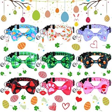 Sadnyy 9 Pcs Easter Cat Collars Bulk St Patricks Day Cat Bowtie with Bell Valentines Day Holiday Pet Collar Breakaway Adjustable Heart Shamrock Bunny Safety Buckle for Kitten Puppy Daily