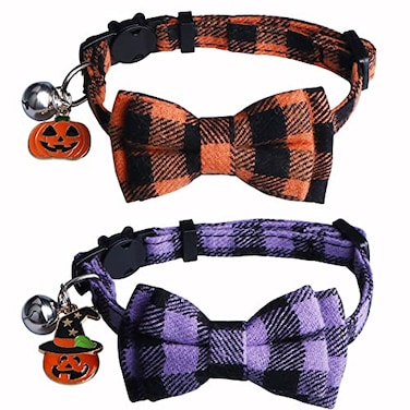 STMK 2 Pack Halloween Plaid Cat Collars with Bow Tie Bell Breakaway Adjustable Pumpkin Cat Kitten Collars with Bowtie Bell for Halloween Cats Kittens Costume Decorations