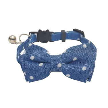 THAIN Cat Collar Breakaway with Bell and Bow Tie Safety Buckle Denim Dots Adjustable 711 inches for Kitten CatsDenim Dots