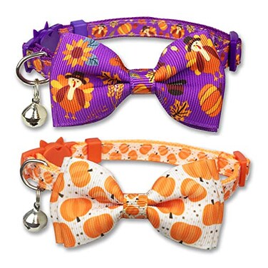 Pohshido Thanksgiving Cat Collar Bow tie with Bell Fall Holiday Turkey Pumpkin Harvest Kitty Kitten Breakaway Collar for Girls and Boys