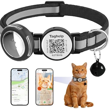 Taghelp Waterproof Airtag Holder Cat Collar Lightweight Kitten Collar for Apple Air tag Solid SafeReflective Pet Collar Breakaway Smart ID tag Scan QR Code for Instant Location Alerts Black A