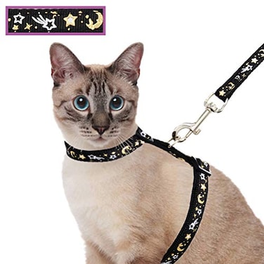 Barleygoo Cat Harness and Leash Set for Outdoor Walking Escape Proof Adjustable Soft Safety Strap with Golden Star and Moon Design Glow in The Dark Black Medium