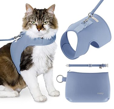 ROMP Cat Harness Collar Leash Set Escape Proof Adjustable Choke Free Velcro Harness Vest for Walking Cats Kittens Cotton Blue Small