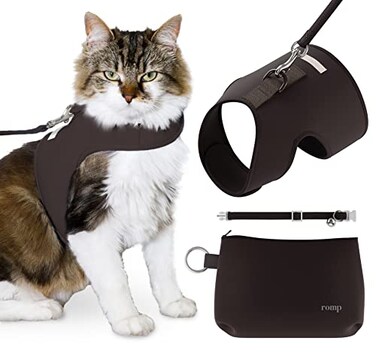 ROMP Cat Harness Collar Leash Set Escape Proof Adjustable Choke Free Velcro Harness Vest for Walking Cats Kittens Sable Brown Medium