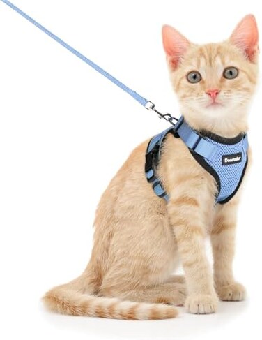 Dooradar Cat Harness and Leash Set Escape Proof Safe Adjustable Kitten Vest Harnesses for Walking Easy Control Soft Breathable Mesh Jacket with Reflective Strips for Cats Light Blue S