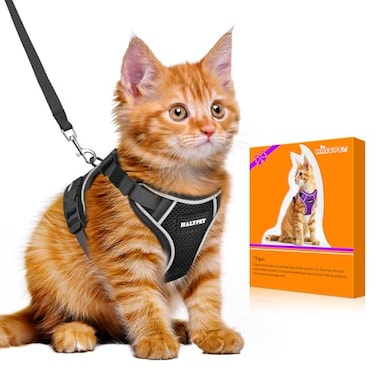 Halypet Cat Harness and Leash Set MAX Safety 4thGen Upgrade Escape Proof Adjustable Cat Leash Comfortable Soft Vest Easy to Wear Kitten Harness with Reflective Strip for Cats Walking XS Black