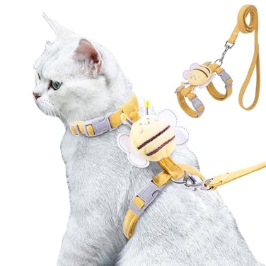 WELLYUK Cat Harness and Leash Set for Outdoor Travel Walking Escape Proof Soft Safe Adjustable Kitten Puppy Small Strap Kitty Cute Bee Wings Yellow S