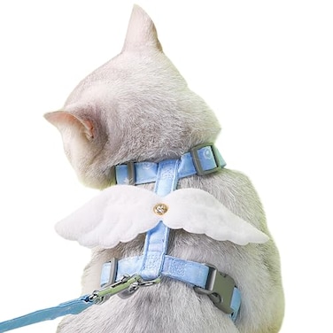 WELLYUK Cat Harness and Leash Set White Wing for Outdoor Travel Walking Escape Proof Soft Safe Adjustable Kitten Puppy Small Strap Angel Style Blue