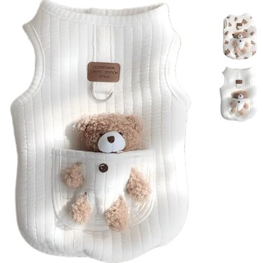Jatmira Cute Pet Apparel Plush Bear Pattern Cartoon Dog Clothes All Season Sleeveless Puppy Kitten Pullover Soft SkinFriendly White1 M 4477lbs