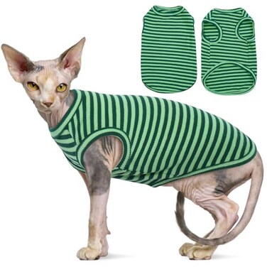 OUOBOB Sphynx Cat Clothes Breathable Hairless Cat Shirts Stripe Kitten TShirts Sleeveless Pullover Cat Sweaters Pet Summer Apparel for Sphynx Cornish Rex Devon Rex Peterbald Small Dogs