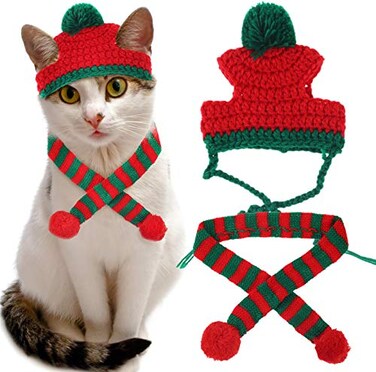 Pawskido Cat Christmas Costume Knit Pet Hat and Holiday Scarf Winter cat Outfits