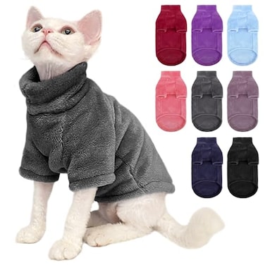SUNFURA Turtleneck Sweater Coat for Cats Sphynx Cat Clothes Pajamas for Cats Only Kitten Fleece Pullover Sweaters with Sleeves Pet Warm Jumpsuit Cat Sweatshirt for Cold Weather Grey M