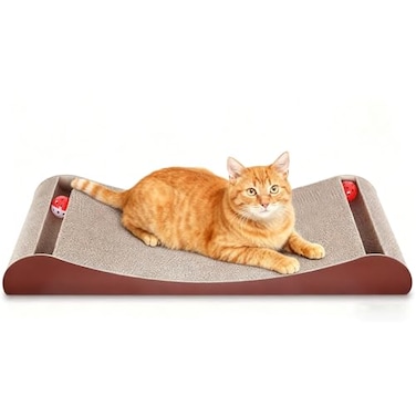 FluffyDream Cat Scratcher Cardboard Scratching Pad House Bed Furniture Protector Infinity Shape Curved Brown Bone Bell