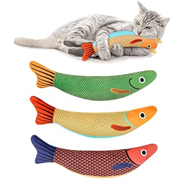 WONOWPA Catnip Toy 3PCS Cat Chew Toys Bite Resistant Catnip Toys with Bell Inside Plush Cartoon Kitten Teething Interactive Toy for Cats
