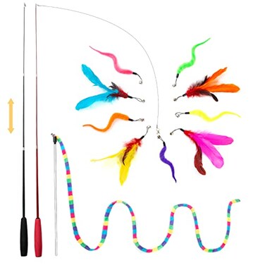 FYNIGO Interactive Cat Kitten Wand Toy Set2 Retractable Fishing Pole1 Rainbow Teaser Wand9 Refills 2 Spare HookFunny Cat Feather Toys for Indoor Cats and Kittens to Chase Exercise14 Pack