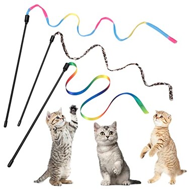 cobee 3 Pack Cat Wand Toy Set 30cm Cat Interactive Wand with Rainbow Ribbon String Leopard Print Cloth String for Kitten Training Exerciser Indoor Kitten Catcher