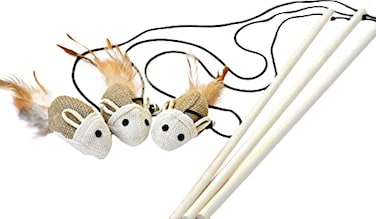 Earthtone Solutions Cat Kitten Teaser Wand Toys Sisal with Mouse Bell Feather Elastic String Sturdy Wood Stick Interactive Fun Cat Catcher Mice for Pet Set of 3
