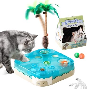 Migipaws 7in1 Interactive Cat Toy Motion Activated Indoor Playset with Automatic Pop Bounce Cat Ball Feather Palm Tree Wand Catnip Ball SelfGrooming Cardboard House Rechargeable