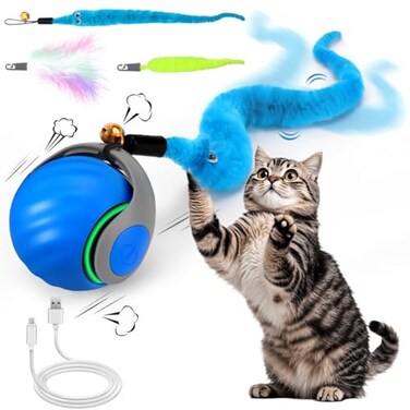 Mity rain Interactive Cat Toy Ball Speedy Cat Toys for Indoor Cats with Feather Tails for Chasing Moving Stimulation Smart Cat Toy for Enrichment Motion Activated Automatic Rolling Toys to Keep Them B