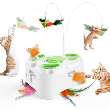 PANRIO 3in1 Interactive Cat Toys for Indoor CatsAutomatic Kitten ToyFlying Bird6 Holes MoleRotating Feather Rechargeable USB Interactive Cat Feather Toys for Bored Indoor Cats