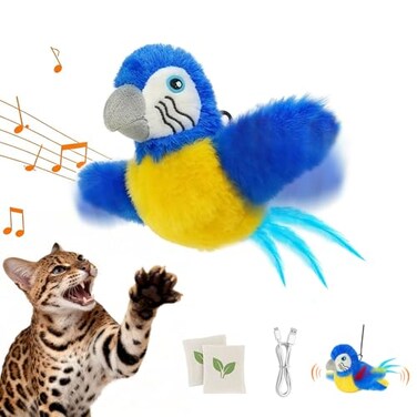 Vannon Cat Toys Flapping BirdCannot Fly Rechargeable Touch Activated Kitten Toy Interactive Cat Exercise Toys with Catnip and Feather for Indoor Cat Bule