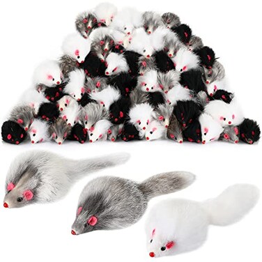 Hungdao 60 Pcs Furry Mice Interactive Catch Play Rabbit Fur Mouse Rattle Sound Rat Plush for PET Cats and Kittens 3 ColorsWhite Black Gray