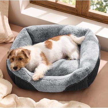Bedsure Washable Dog Bed Small Medium Size Dog Rectangle Fluffy Plush Pet Bed Puppy Bed Comfy Corduroy Fleece and Nonskid Bottom25x21x7inchesSuitable for Pet Up to 20lbsGrey