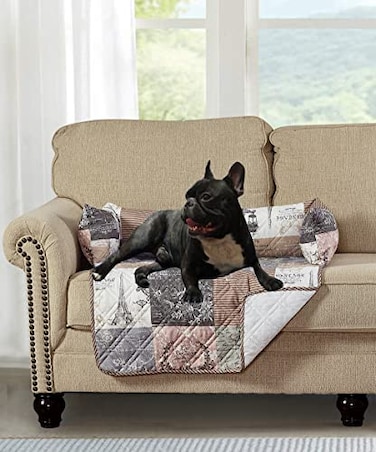 Brilliant Sunshine Quilted Calming Dog Bed Mat Removable Washable Cover Cushion Protector and Couch Covers for Dogs Pets Cats Medium Latte Grey Paris and Toile Floral Patchwork