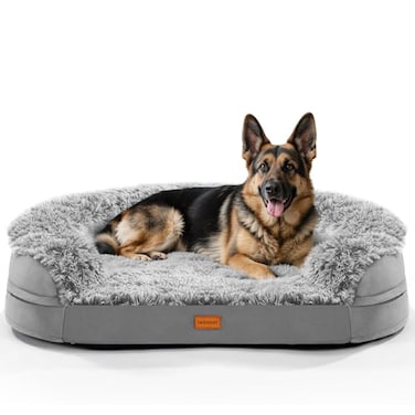 iweepet Fluffy Calming Jumbo Orthopedic Dog Beds for Extra Large Dogs Supportive Dog Sofa Bed with 37 inch 28D EggCrate Foam Removable Washable Plush Cover Waterproof Lining 48Grey