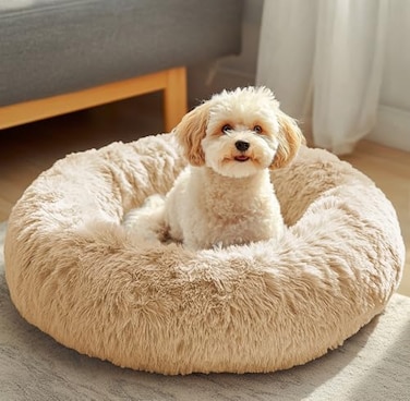 JOLLYVOGUE Dog Cat Bed Calming AntiAnxiety Pet Bed for Small Dogs Fluffy Donut Cushion for Small and Medium Pets 20