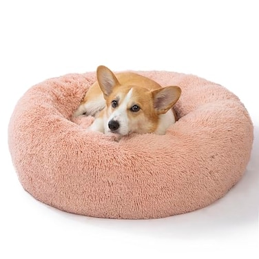 SAVFOX 30 inches Calming Donut Dog Bed 3X Durable Plush Faux Fur Machine Washable NonSlip Fits up to 45 lbs Pink