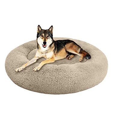 SAVFOX 45 inches Calming Donut Dog Bed 3X Durable Plush Faux Fur Machine Washable NonSlip Fits up to 150 lbs Beige