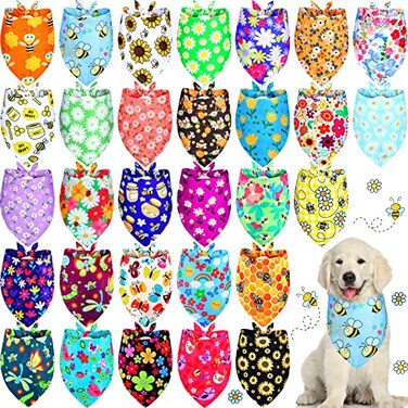 Eccliy 30 Pack Dog Bandanas Summer Bulk Adjustable Flower Dog Scarfs Soft Washable Triangle Polyester Bandana Cat Costume Bibs with Flowers Patterns for Boy Girl Medium Pet Grooming Accessories Spring