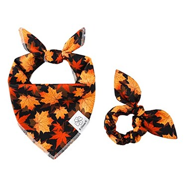 E-Clover EClover Fall Dog Bandana Scrunchie Set Thanksgiving Pet Scarf Kerchief Bibs for Medium Large Dogs Maple Leaves