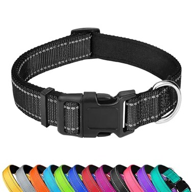 PWOD Reflective Dog Collar Adjustable Soft Neoprene Padded Nylon Pet Collars with Buckle for Medium Dogs BlackM