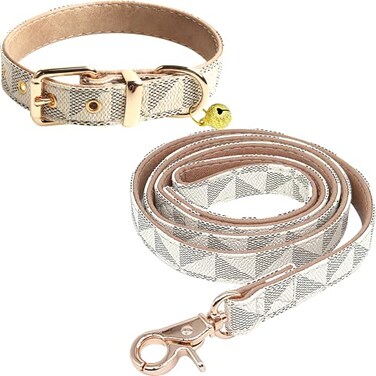 KUDES Dog Leather Collar and 4 ft Leash Adjustable Basic Collar with Bell Leather Pet Leash Set Checkered Pattern Durable Leather Collar and Leash with Metal Buckle for Small Medium Large Dogs