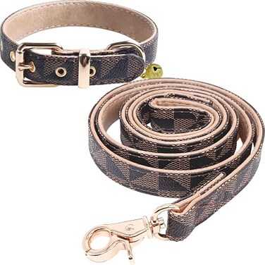 KUDES Dog Leather Collar and 4 ft Leash Adjustable Basic Collar with Bell Checkered Pattern Durable Leather Collar and Leash with Metal Buckle for Small Medium Large Dogs