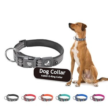 KRUZ PET Kruz Dog Collar for Medium Dogs Width 34 Length 17215 Reflective Adjustable Pet Neck Band with Comfortable Neoprene Padding HeavyDuty ORing 100 Nylon Strap Black Medium