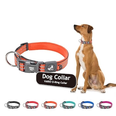 KRUZ PET Kruz Dog Collar for Medium Dogs Width 34 Length 17215 Reflective Adjustable Pet Neck Band with Soft Padding HeavyDuty ORing 100 Nylon Strap Orange Medium