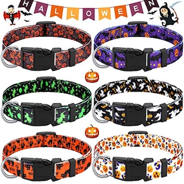 Sadnyy 6 Pcs Halloween Dog Collars for Pumpkin Basic Adjustable Lightweight Holiday Comfortable Dog Collars with Plastic Buckle for Puppy Small Medium Large PetsMedium