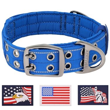 ADITYNA Heavy Duty Dog Collar for Medium Dogs Reflective Blue Collar with Handle for Training and Walking Wide Thick Tactical Soft Neoprene Padded