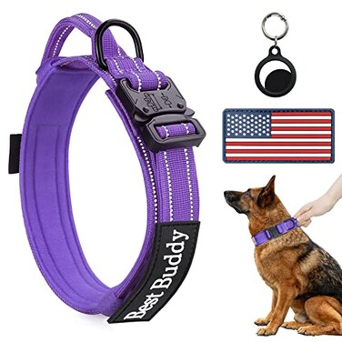 AUBELL Reflective Tactical Dog CollarAdjustable Military Heavy Duty K9 Collars with Handle and Quick Release Metal Buckle Great for Extra Large Dogs with Airtag Case and 2 Patches PurpleXL