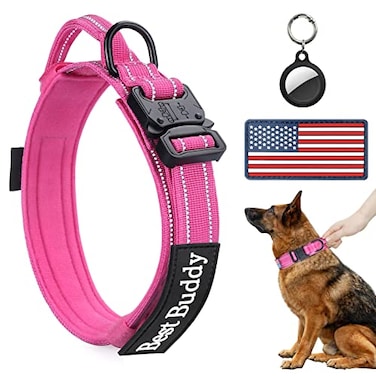 AUBELL Reflective Tactical Dog CollarAdjustable Military Heavy Duty K9 Collars with Handle and Quick Release Metal Buckle Great for Medium Dogs with Airtag Case and 2 Patches PinkM