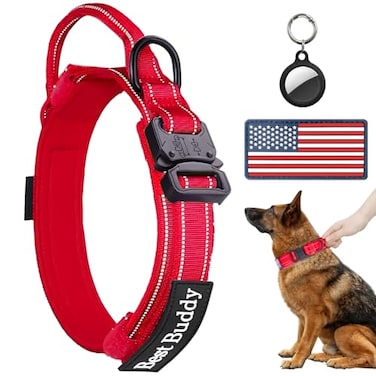 AUBELL Reflective Tactical Dog CollarAdjustable Military Heavy Duty K9 Collars with Handle and Quick Release Metal Buckle Great for Medium Dogs with Airtag Case and 2 Patches RedM
