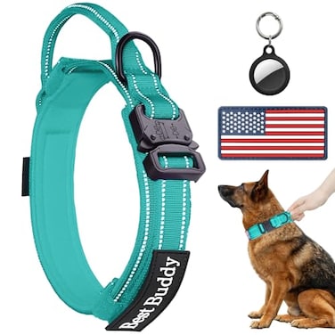 AUBELL Reflective Tactical Dog CollarAdjustable Military Heavy Duty K9 Collars with Handle and Quick Release Metal Buckle Great for Medium Dogs with Airtag Case and 2 Patches TealM